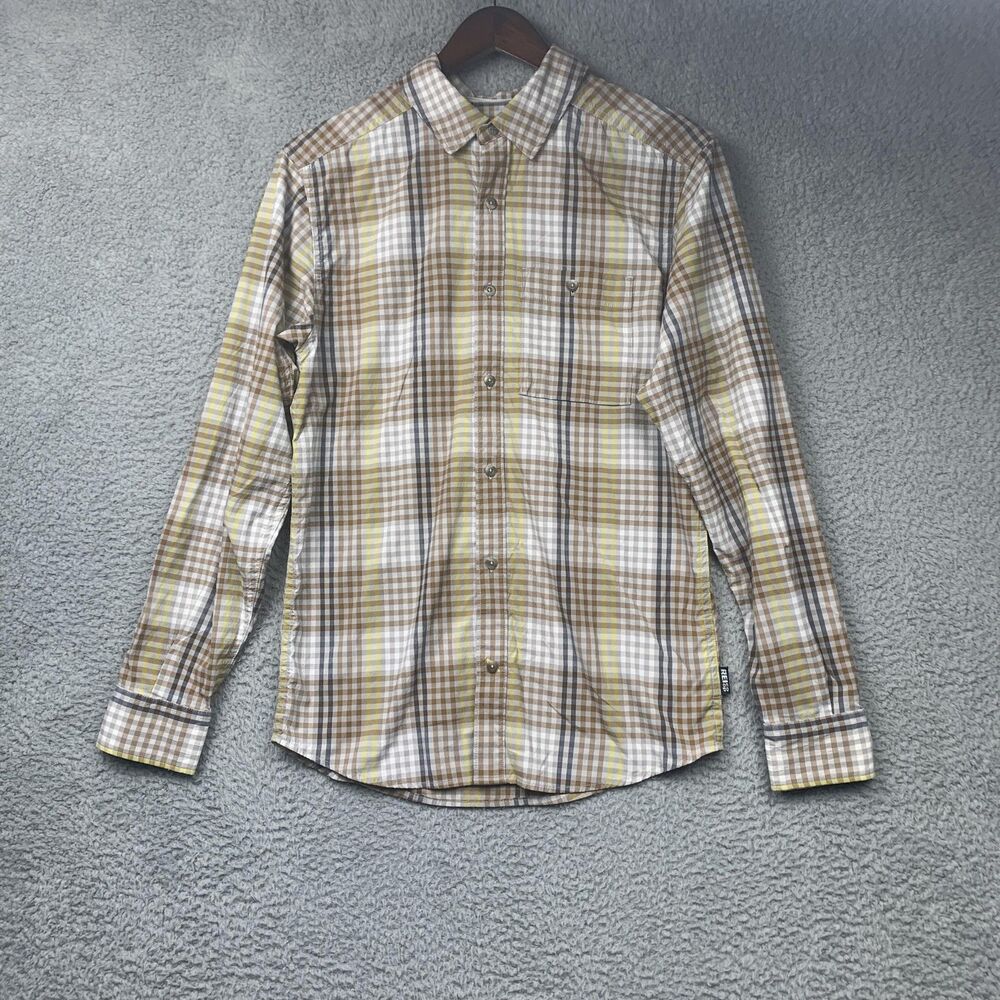 REI Co-op Shirt Mens Small Brown Yellow Plaid Button Down Stretch Hiking Travel